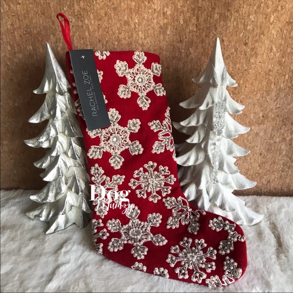 Rachel Zoe Wool Bead Red Pearl Christmas Snowflake Stocking